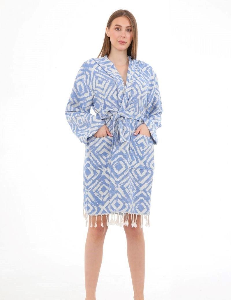 Albornoz estampado geométrico 100% algodón turco. azul vaquero | Sottovento