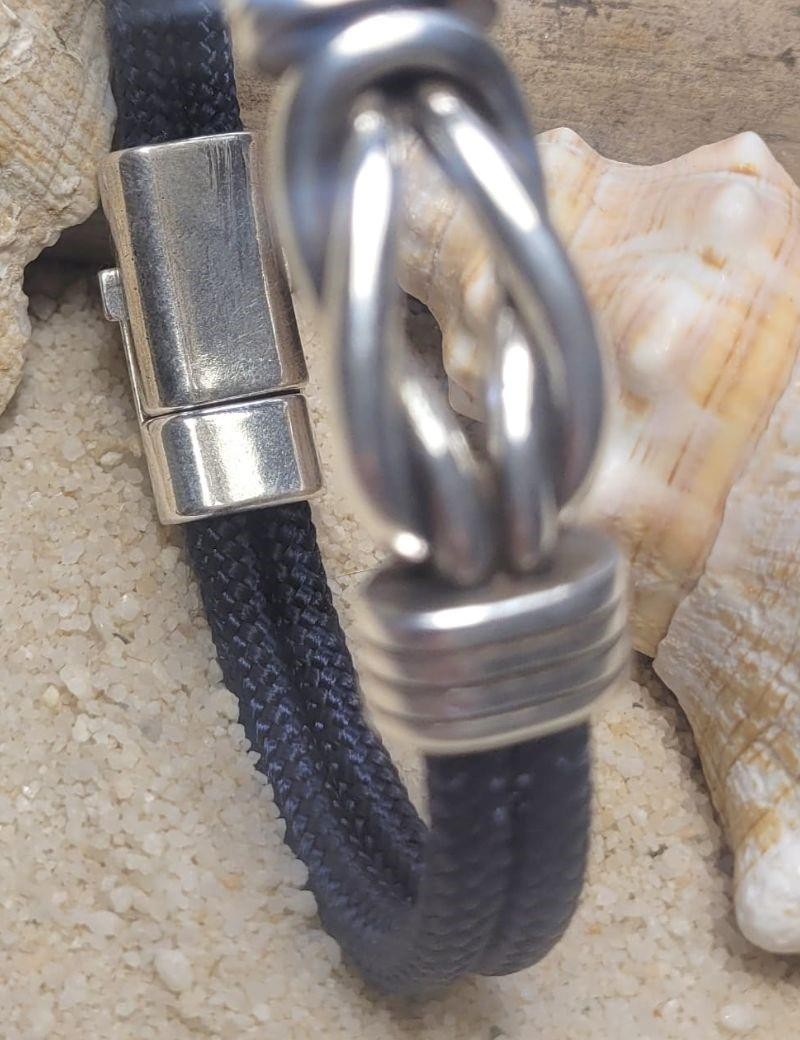 Bracciale nautico pelle nodo metallo blu marino | Sottovento