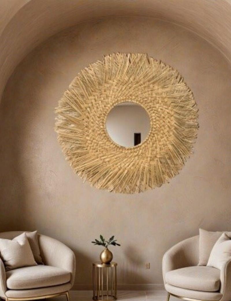 Specchio rotondo con frange in fibra naturale | Sottovento