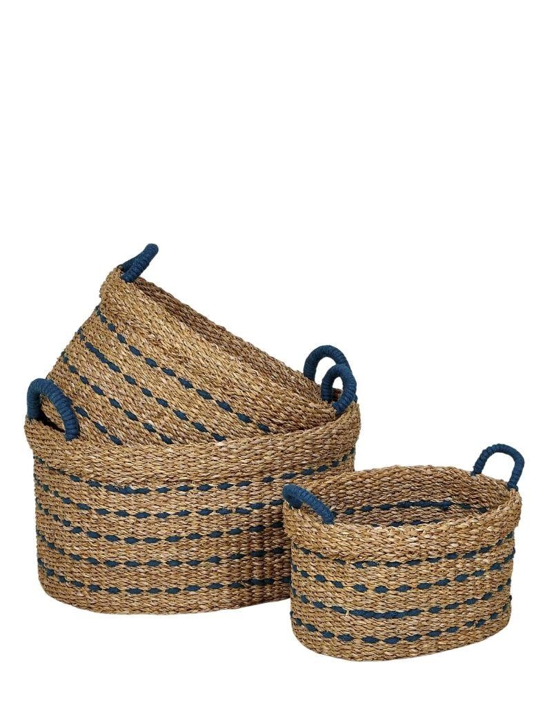 Oval sorting basket with blue topstitched handles blue | Sottovento